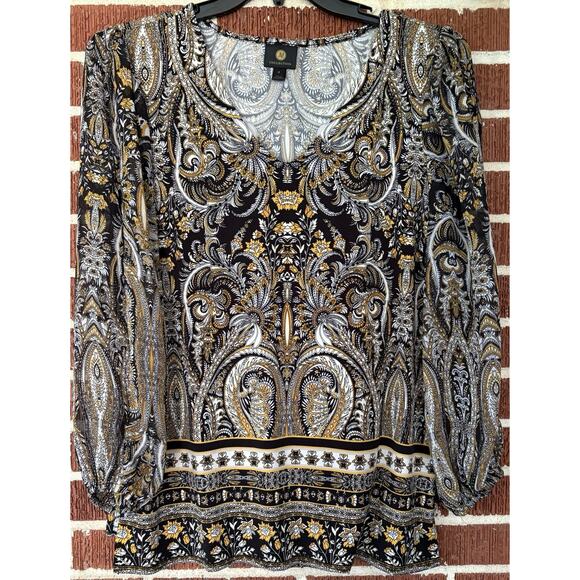 JM Collection Black Floral Stretchy Blouse Long Sheer Sleeves Size Medium - Picture 1 of 4